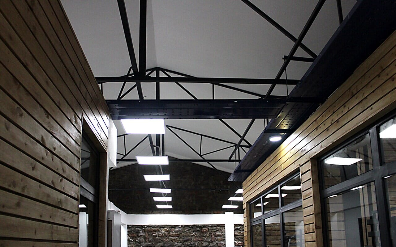 Ceiling lights and exposed roof structure